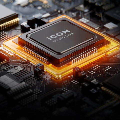 Close-up of circuitry and chip related to USB Audio Interface With 24 Bit 192 kHz Fidelity For PC Rock Solid Low Latency ASIO Two Point Zero XLR Input With 48V Phantom Power ProDriver4