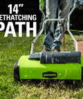 10 Amp 14 Inch Corded Electric Dethatcher With Stainless Steel Tines For A Healthier Lawn in use on grass