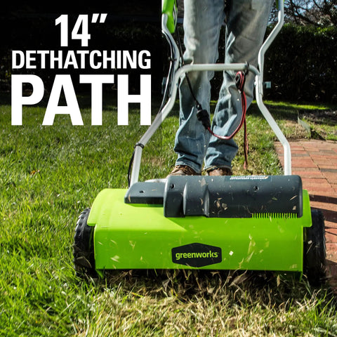 10 Amp 14 Inch Corded Electric Dethatcher With Stainless Steel Tines For A Healthier Lawn in use on grass
