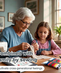 Elderly woman and child using Beginner Friendly Embroidery Kit For Newbies With 99 Piece All In One Toolkit Linen Cloth.