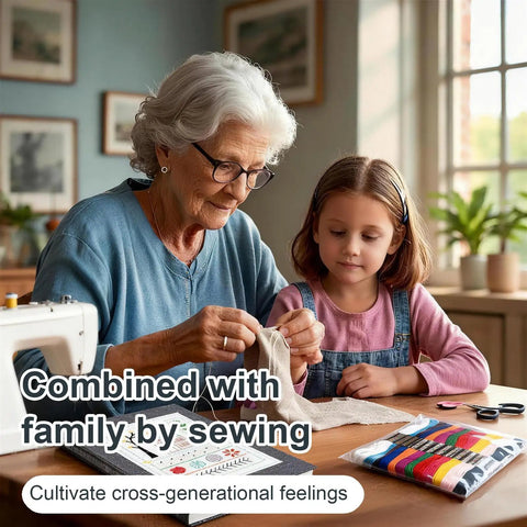 Elderly woman and child using Beginner Friendly Embroidery Kit For Newbies With 99 Piece All In One Toolkit Linen Cloth.