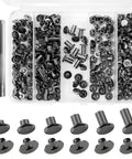 122 Pack Leather Chicago Screw Kit Set In Six Sizes For DIY Leathercraft Bags Clothes Jackets Belts And More Includes M5 To M12 Screws Rivets And Hardware For Quick Easy Assembly And Durable Hold shown in a clear storage box with tools for installation.
