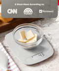 Go-To Slim Digital Kitchen Scale With 1g Precision, Easy Tare, Quick Unit Conversion, space-saving design with bowl and butter on scale