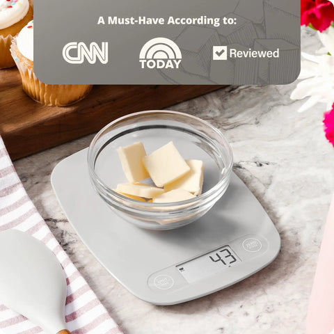 Go-To Slim Digital Kitchen Scale With 1g Precision, Easy Tare, Quick Unit Conversion, space-saving design with bowl and butter on scale