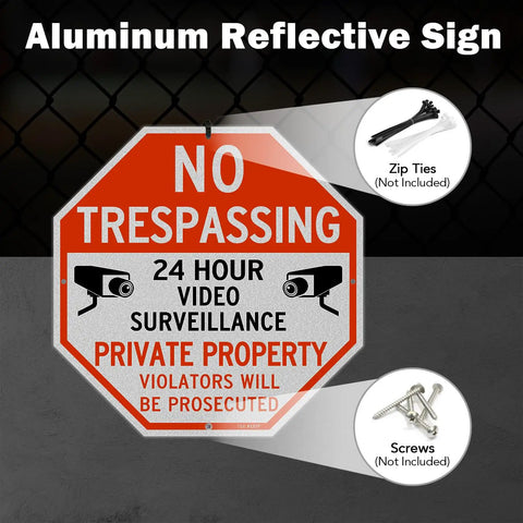 Keep Your Property Locked Tight With These Straight Up Heavy Duty No Trespassing Signs And Video Surveillance Notices Set Of Four Reflective 10 Inch Aluminum Plates With Pre Drilled Holes For No Sweat Fence Mounting. Reflective aluminum no trespassing sign with video surveillance warning.
