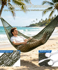 Olive green Breathable Mesh Hammock With Nylon Net For Easy Setup Rope Style Hang Loose Outdoors 98 X 31.5 Inches on a beach