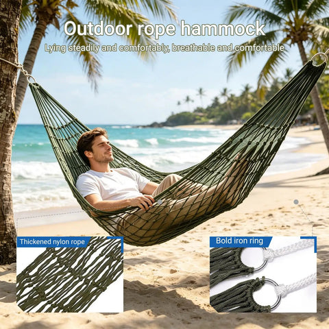 Olive green Breathable Mesh Hammock With Nylon Net For Easy Setup Rope Style Hang Loose Outdoors 98 X 31.5 Inches on a beach