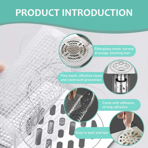 Disposable Hair Drain Stickers 10Pcs 5x5 fine mesh covers demonstrating application on drains, showcasing adhesive and insect prevention.