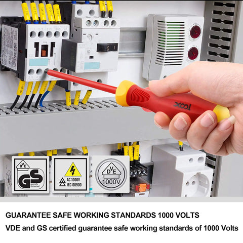 Hand using Pro Grade 1000V Insulated Electrician Screwdriver Set with magnetic tip in electrical panel