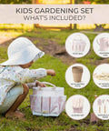 Young child playing with Kid Friendly Garden Starter Kit With Durable Safe Tools For Outdoor Fun Including Gloves and Tote Bag.