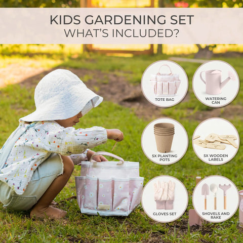Young child playing with Kid Friendly Garden Starter Kit With Durable Safe Tools For Outdoor Fun Including Gloves and Tote Bag.