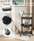 Three Tier Rolling Utility Cart With Cover Top And Wheels For Office Kitchen Bathroom On The Go Storage Cart Includes Three Baskets Six Hooks Three Cups And A Lid Top For Laptop Coffee Crafts And More Black shown in living room.
