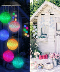 Solar Wind Chime With Color Changing Led Balls Waterproof Outdoor Lights For Garden Patio Yard Window Hands Free Auto Charged By Sun Night Glow Lit Six Ball Lights Last 8 To 10 Hours Perfect Gift For Mom And Grandma in daylight and night glow view.