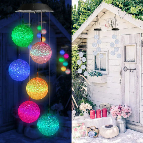 Solar Wind Chime With Color Changing Led Balls Waterproof Outdoor Lights For Garden Patio Yard Window Hands Free Auto Charged By Sun Night Glow Lit Six Ball Lights Last 8 To 10 Hours Perfect Gift For Mom And Grandma in daylight and night glow view.