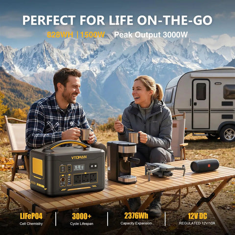 Couple using Jump1500X Portable Power Station With 828Wh LiFePO4 Battery, Solar Generator on camping table