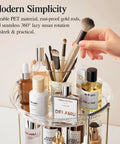 Two Tier Clear Rotating Vanity Organizer With Smooth 360 Degree Spin For Skincare And Perfume Beauty Essentials Storage showing brushes and bottles.