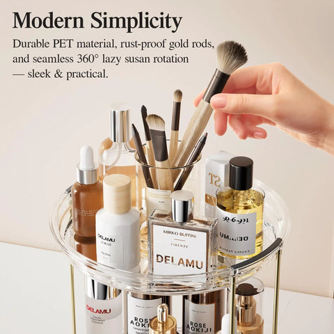 Two Tier Clear Rotating Vanity Organizer With Smooth 360 Degree Spin For Skincare And Perfume Beauty Essentials Storage showing brushes and bottles.