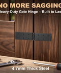 Heavy Duty Gate Hinges 6 Pack Adjustable 270 Degree Black Iron Folding Barn Door Hardware For Wood Fence Yard Gate Farm installed on wooden gate.