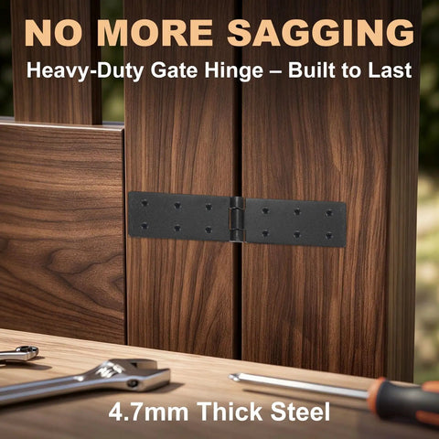 Heavy Duty Gate Hinges 6 Pack Adjustable 270 Degree Black Iron Folding Barn Door Hardware For Wood Fence Yard Gate Farm installed on wooden gate.