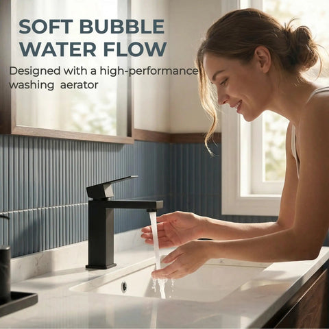 Go To Matte Black Bathroom Faucet With Smooth Single Handle And Included Pop Up Drain, Fresh Square Vanity Sink Tap For No Hassle Single Hole Deck Mount Setup And Solid Daily Performance