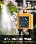 Smart WiFi Hose Timer For Garden Watering With Alexa Voice Control And Mobile App Hands Free Remote Scheduling And Manual Override Drip Irrigation Controller System With WiFi Hub in mist mode with garden background