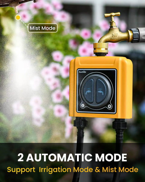 Smart WiFi Hose Timer For Garden Watering With Alexa Voice Control And Mobile App Hands Free Remote Scheduling And Manual Override Drip Irrigation Controller System With WiFi Hub in mist mode with garden background