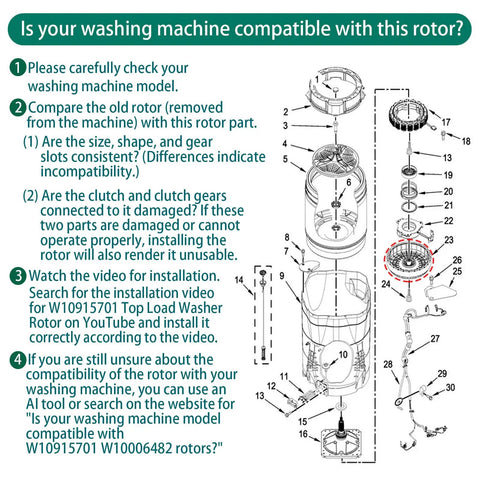 Black 9.45 Inch Washer Rotor Replacement For Kenmore And Whirlpool Machines W10006482 W10915701 Motor Rotor Washing Machine Assembly No Fuss Install Durable OEM Alternative compatibility guide diagram