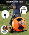 Professional Auto Feed Drain Cleaner Machine 100 Feet Sewer Snake Auger with 8" wheels and telescopic handle for easy mobility.
