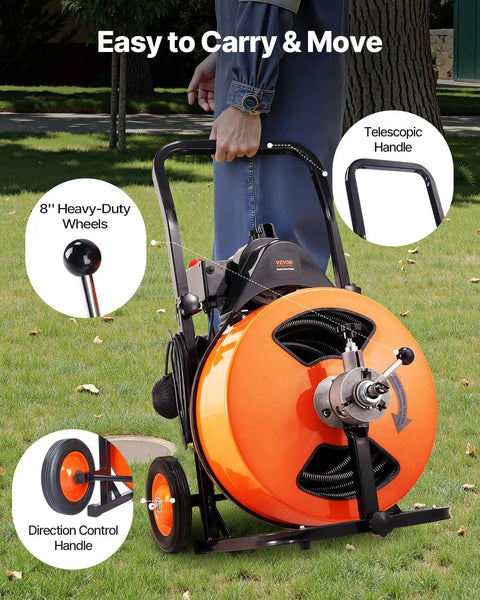 Professional Auto Feed Drain Cleaner Machine 100 Feet Sewer Snake Auger with 8" wheels and telescopic handle for easy mobility.