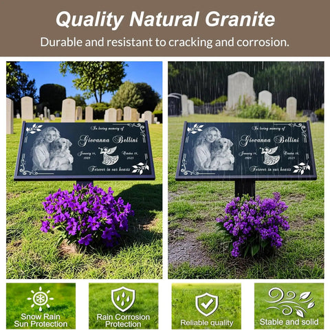 Natural Black Granite Headstone Grave Marker With Personalized Engraving for Cemetery, showing weatherproof finish with flowers.