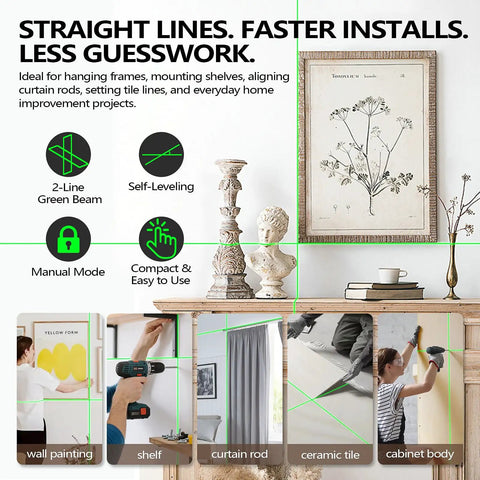 Green Laser Level 2-Line Self-Leveling Cross Line Laser With USB-C, Fast Auto Level In 2 Seconds, 3mm Accuracy At 10m, Manual Mode For Angled Layouts, High Visibility 40mW Laser Tool For DIYers And Pros used for wall painting, shelves, curtain rods, and tiles