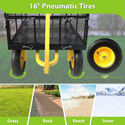 Heavy Duty Garden Cart With Removable Mesh Sides That Converts To Flatbed 1400 Lb Capacity Utility Wagon tires on grass