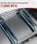 Close-up view of the Three Burner Propane Grill And Griddle Combo stainless steel burners generating 17,000 BTU