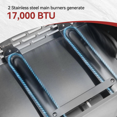 Close-up view of the Three Burner Propane Grill And Griddle Combo stainless steel burners generating 17,000 BTU