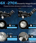 High Powered 90mm Refractor Telescope For Adults With 900mm Focal Length showing 36X to 270X moon magnification comparison