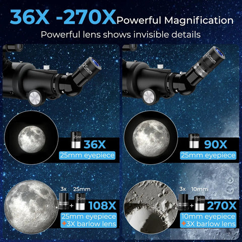 High Powered 90mm Refractor Telescope For Adults With 900mm Focal Length showing 36X to 270X moon magnification comparison