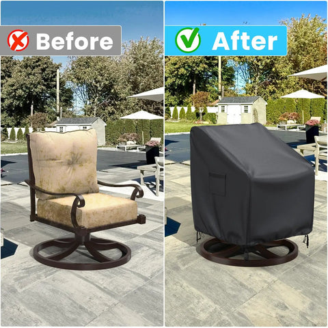Heavy Duty Outdoor Swivel Lounge Chair Cover 2 Pack Waterproof Fits 30W x 34D x 38.5H Inches All Weather Patio Rocker Chair Covers For Outdoors Black Finish, before and after use image.