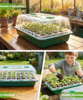 No Fuss Seed Starter Tray Kit with reusable germination trays, humidity domes, and bases shown in greenhouse and garden.