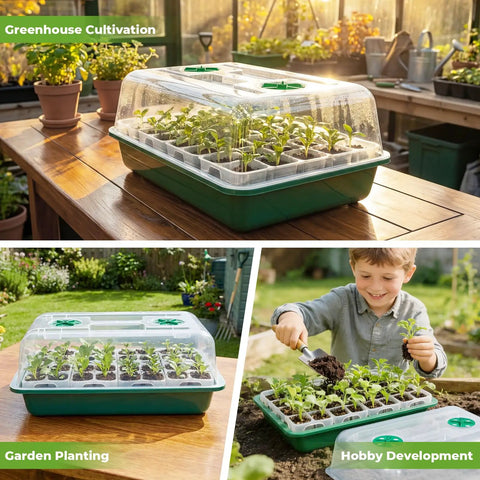No Fuss Seed Starter Tray Kit with reusable germination trays, humidity domes, and bases shown in greenhouse and garden.