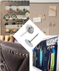 Heavy Duty Flat Head Upholstery Tacks For Furniture Repair And Craft Rooms Packs Two Hundred Silver Iron Thumb Pins displayed with jewelry and crafts.