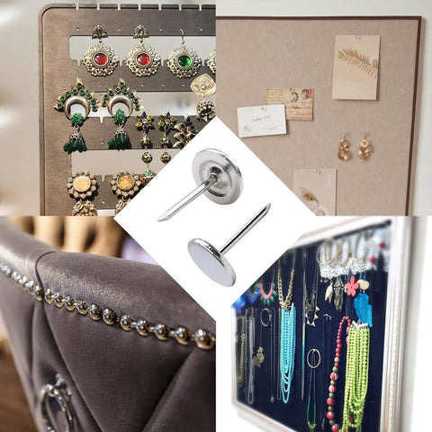 Heavy Duty Flat Head Upholstery Tacks For Furniture Repair And Craft Rooms Packs Two Hundred Silver Iron Thumb Pins displayed with jewelry and crafts.