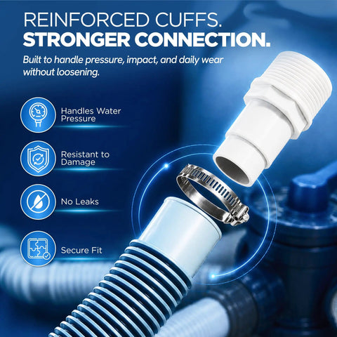Heavy Duty 1.5 Inch Pool Filter Hose Kit 6 Ft 2 Pack With Reinforced Cuffs Clamps Adapters And PTFE Tape Included For Above Ground Pump Hose Replacement That Delivers Solid Water Flow, showing reinforced cuffs and clamp fitting.