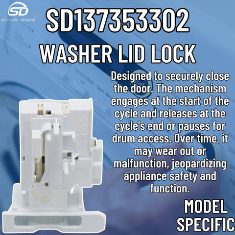 Front view of washer lid lock door latch switch replacement part, SD137353302 model, white plastic for secure wash cycles.