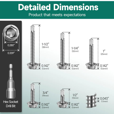 Detailed dimensions of Heavy Duty Hex Head Self Drilling Screws Assortment Kit 110 Piece Stainless Steel Sheet Metal Fasteners.