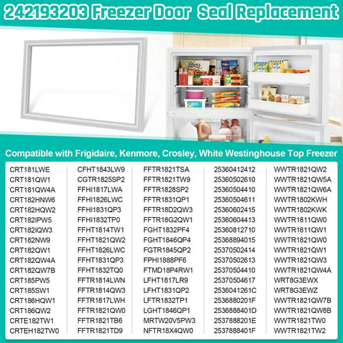 Premium Top Freezer Door Gasket Seal 17.91 X 28.74 Inches For Refrigerator Replacement, Compatible With Frigidaire, Kenmore, Crosley Freezers, Beefed Up Seal That Fits Tight And Keeps Cold Air In, shown with fridge list.