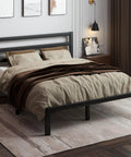 Rock Solid Queen Size Metal Bed Frame With Integrated Headboard And Reinforced Steel Slats showing side view with bedding in a modern bedroom.