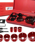 Eight Size Hole Saw Kit in a durable case with arbors, drill bits, and hex key for soft wood plywood PVC and plastic