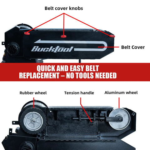 Heavy Duty 2X48 Inch Belt Sander With 1Hp Induction Motor Running At 4500 Fpm showing belt cover, knobs, and wheels for easy belt replacement.