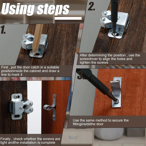 Installation guide for 20 Piece Cabinet Door Latch And Catch Hardware Set, Double Roller Latches For Closet Doors, Silver Finish