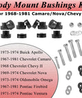 CNC Billet Aluminum Body Mount Bushings Kit For Camaro Nova Chevy II 1968 1981, bolts, washers, and mounts displayed.